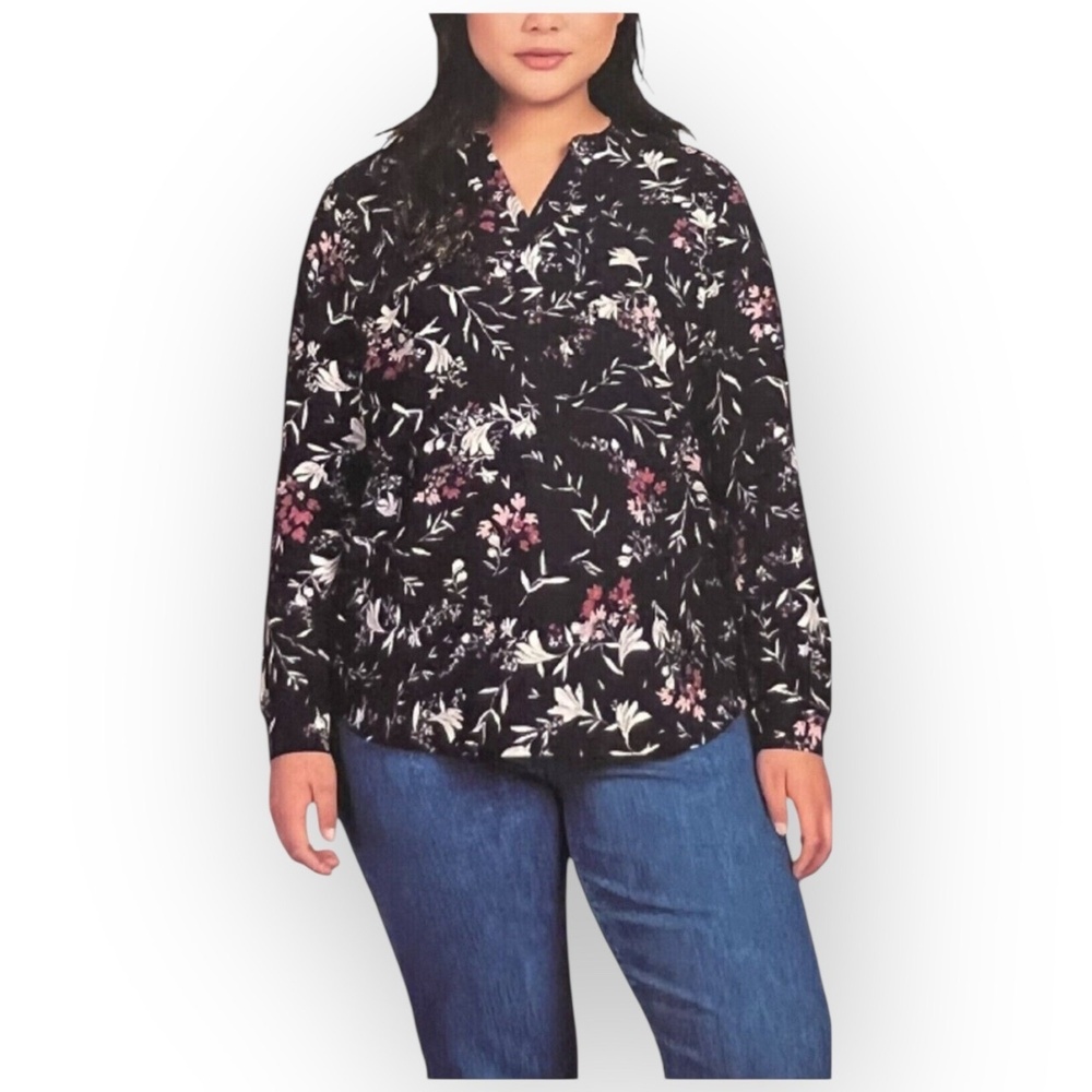 NWT Hilary Radley Blue Floral V-Neck Long Sleeve Blouse Women Small W136